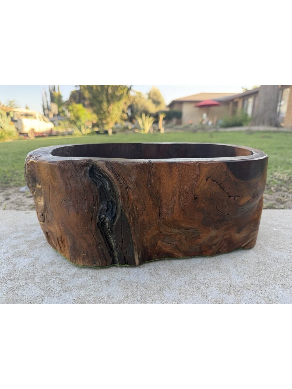 Vintage Hand Carved Live Edge Burl Wood Planter Bowl Rustic Artisan Decor USA
